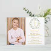 最初の聖餐式の緑の金ゴールドのクロス写真 招待状 (スタンド正面)