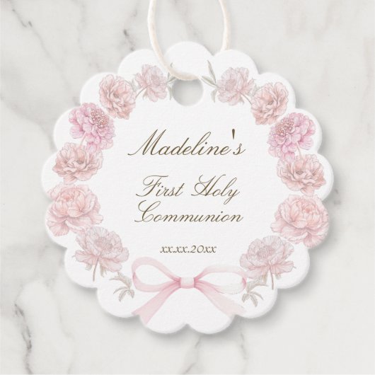 最初の聖餐式の繊細な牡丹フレーム フェイバータグ (正面)