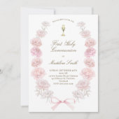 最初の聖餐式の繊細な牡丹フレーム 招待状 (正面)