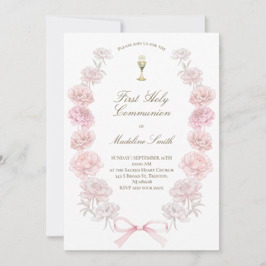 最初の聖餐式の繊細な牡丹フレーム 招待状 (正面)