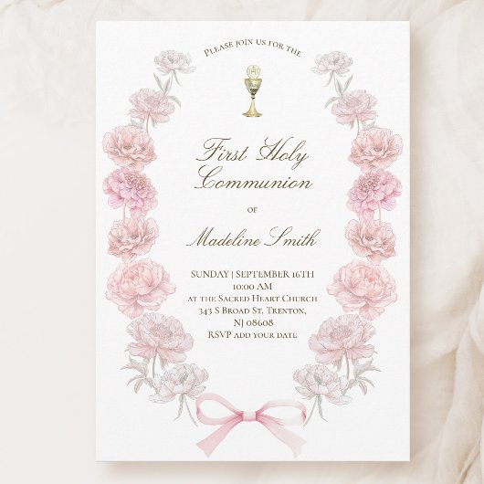 最初の聖餐式の繊細な牡丹フレーム 招待状