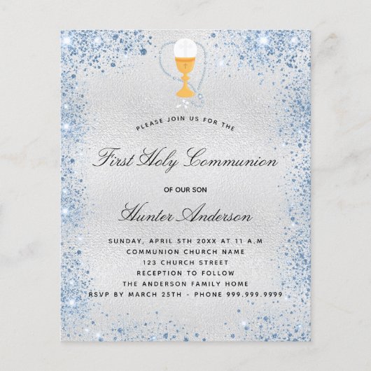 最初の聖餐式シルバーブルーの予算招待状 チラシ (正面)