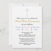 最初の聖餐式トリプレットピンクブルー金ゴールド 招待状 (正面)