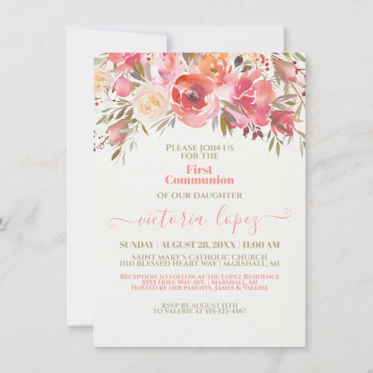 最初の聖餐式パーソナライズされたポートレート女の子 招待状 (裏面)