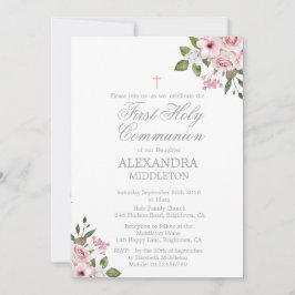 最初の聖餐式ピンクエレガントのバラのフレーム 招待状