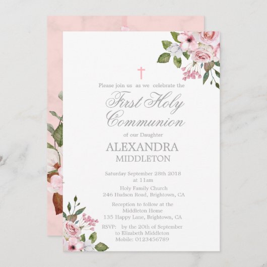 最初の聖餐式ピンクエレガントのバラのフレーム 招待状 (正面/裏面)