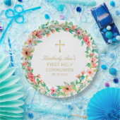 最初の聖餐式ピンクフローラリース金ゴールドクロス名 ペーパープレート (パーティー)