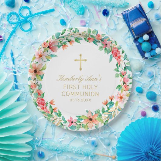 最初の聖餐式ピンクフローラリース金ゴールドクロス名 ペーパープレート (パーティー)