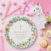 最初の聖餐式ピンクフローラリース金ゴールドクロス名 ペーパープレート (パーティー)