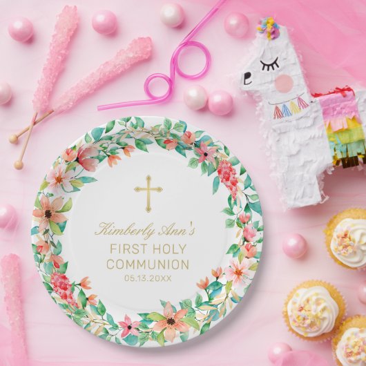 最初の聖餐式ピンクフローラリース金ゴールドクロス名 ペーパープレート (パーティー)