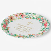 最初の聖餐式ピンクフローラリース金ゴールドクロス名 ペーパープレート (アングル)