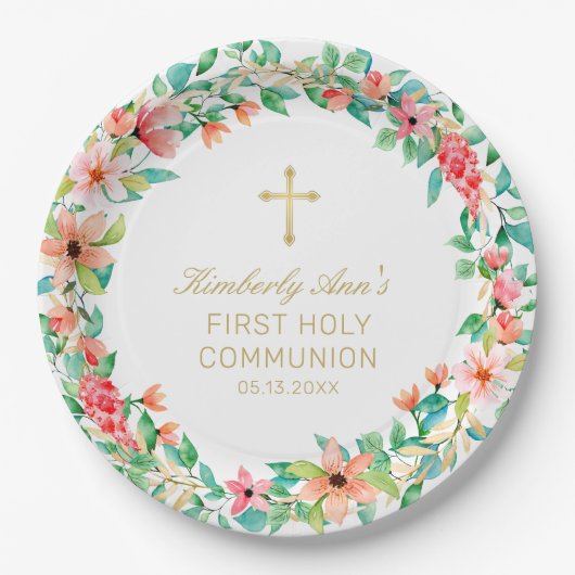 最初の聖餐式ピンクフローラリース金ゴールドクロス名 ペーパープレート (正面)