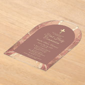 最初の聖餐式ブッシュピンクの金ゴールド アクリル招待状 (レイダウン)