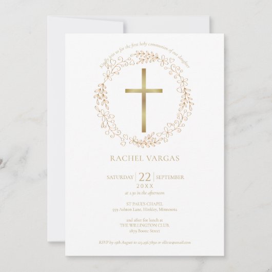 最初の聖餐式金ゴールドクロスフローラ写真 招待状 (正面)