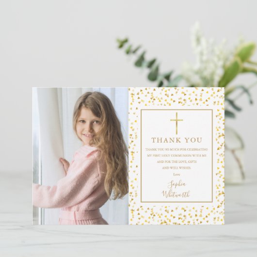 最初の聖餐式金ゴールドハート紙吹雪写真 サンキューカード (スタンド正面)