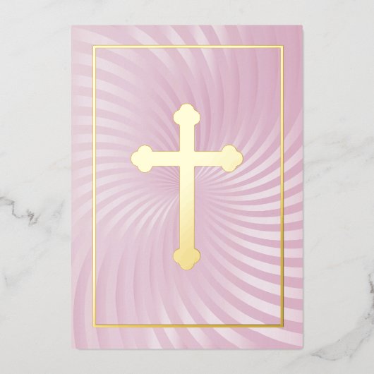 最初の聖餐式/確認ピンクの渦巻き十字形 箔招待状 (正面)
