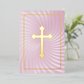 最初の聖餐式/確認ピンクの渦巻き十字形 箔招待状 (立ち正面)