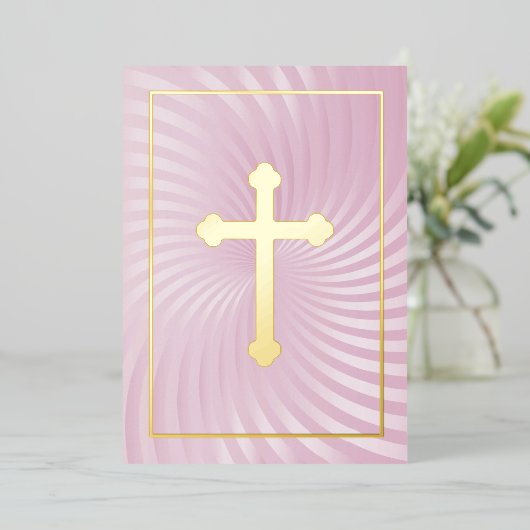 最初の聖餐式/確認ピンクの渦巻き十字形 箔招待状 (立ち正面)