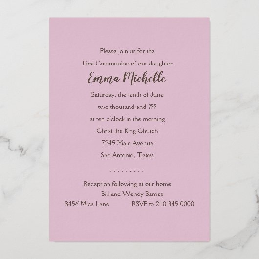 最初の聖餐式/確認ピンクの渦巻き十字形 箔招待状 (裏面)