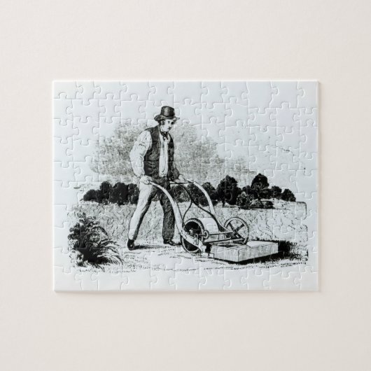 最初の芝刈り機(版木、銅版、版画) (b/wの写真) ジグソーパズル (横)