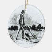 最初の芝刈り機(版木、銅版、版画) (b/wの写真) セラミックオーナメント (左)