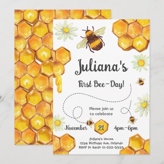 最初の蜂の日誕生日パーティー招待状 招待状 (正面/裏面)