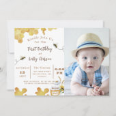 最初の蜂の誕生日黄色い蜂とひまわりの写真 招待状 (正面)