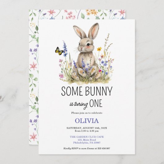 最初の誕生日いくつかのバニーの野生の花の招待 セーブザデート (正面/裏面)