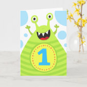 最初の誕生日おもしろい緑のモンスターグリーティングカード カード (黄色い花)