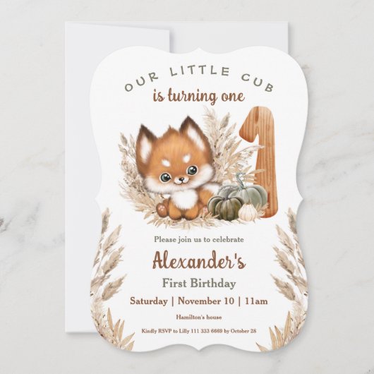 最初の誕生日かわいいキツネ秋ボーイ招待状 招待状 (正面)