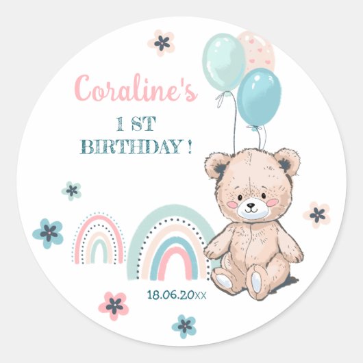 最初の誕生日かわいいテディベアのステッカー。 ラウンドシール (正面)