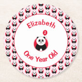 最初の誕生日かわいいパンダ赤いバルーン名を追加 ラウンドペーパーコースター (正面)