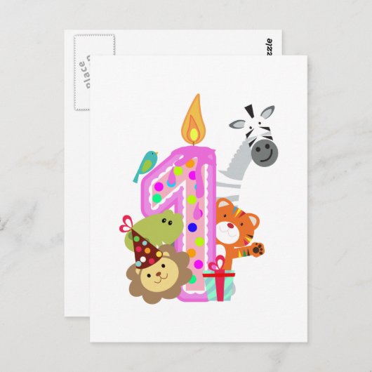 最初の誕生日のろうそく動物園のパーティー ポストカード (正面/裏面)