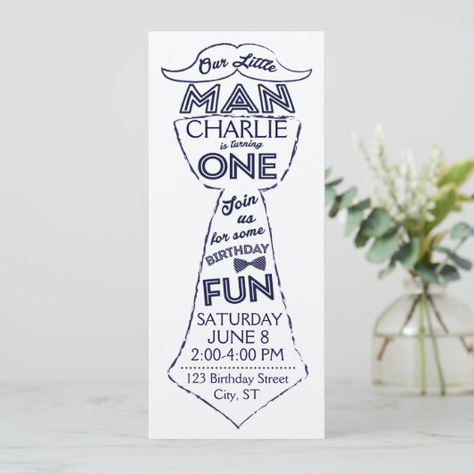 最初の誕生日のネクタイ/口ひげ招待状 招待状 (スタンド正面)