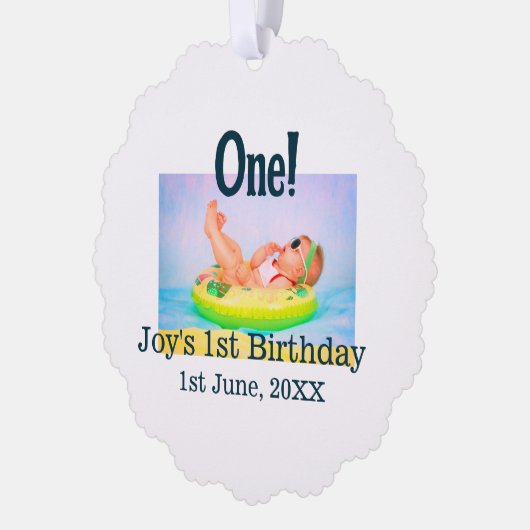 最初の誕生日の写真モダンを1つ追加する日付 オーナメントカード (左)