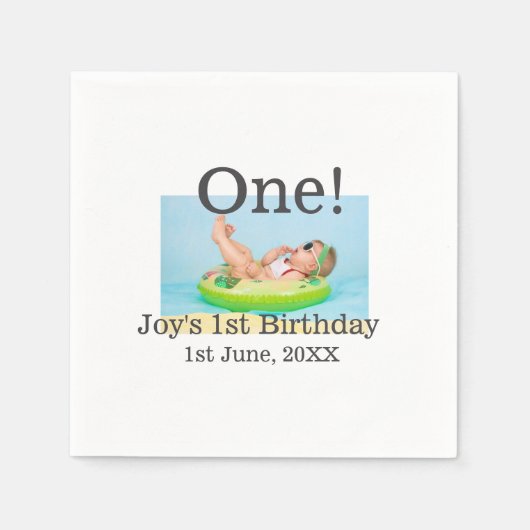 最初の誕生日の写真モダンを1つ追加する日付 スタンダードカクテルナプキン (正面)