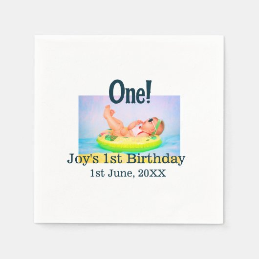 最初の誕生日の写真モダンを1つ追加する日付 スタンダードカクテルナプキン (正面)