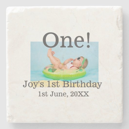 最初の誕生日の写真モダンを1つ追加する日付 ストーンコースター (正面)