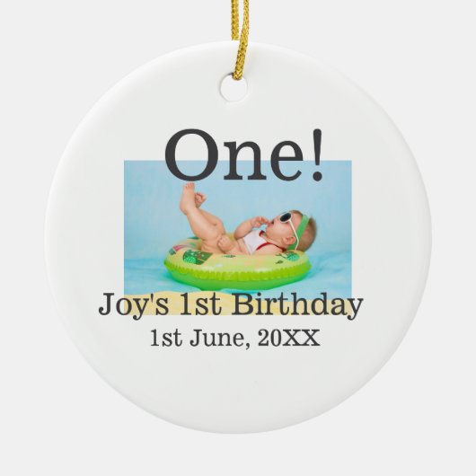 最初の誕生日の写真モダンを1つ追加する日付 セラミックオーナメント (正面)