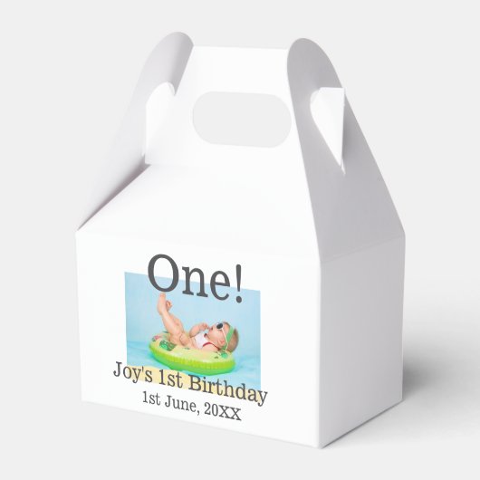 最初の誕生日の写真モダンを1つ追加する日付 フェイバーボックス (正面サイド)