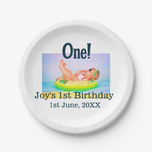 最初の誕生日の写真モダンを1つ追加する日付 ペーパープレート (正面)