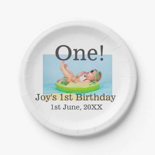 最初の誕生日の写真モダンを1つ追加する日付 ペーパープレート (正面)