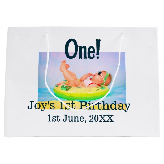 最初の誕生日の写真モダンを1つ追加する日付 ラージペーパーバッグ (正面)
