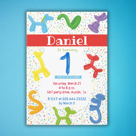 最初の誕生日の動物のバルーンの招待 招待状