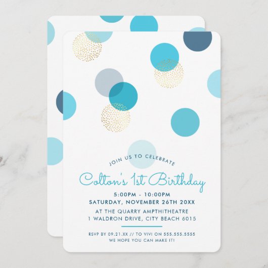 最初の誕生日の大きな紙吹雪スポットのボーイブルー金ゴールド 招待状 (正面/裏面)