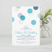 最初の誕生日の大きな紙吹雪スポットのボーイブルー金ゴールド 招待状 (スタンド正面)