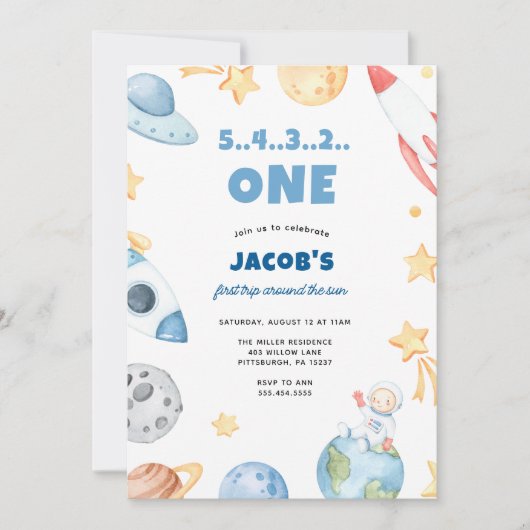 最初の誕生日の宇宙ブラストオフ 招待状 (正面)