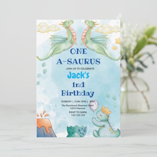 最初の誕生日の恐竜の水色ライトブルー 招待状 (スタンド正面)