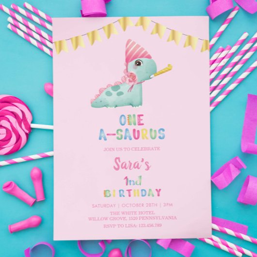 最初の誕生日の恐竜の金ゴールドパーティー、ピンク 招待状