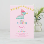 最初の誕生日の恐竜の金ゴールドパーティー、ピンク 招待状 (スタンド正面)